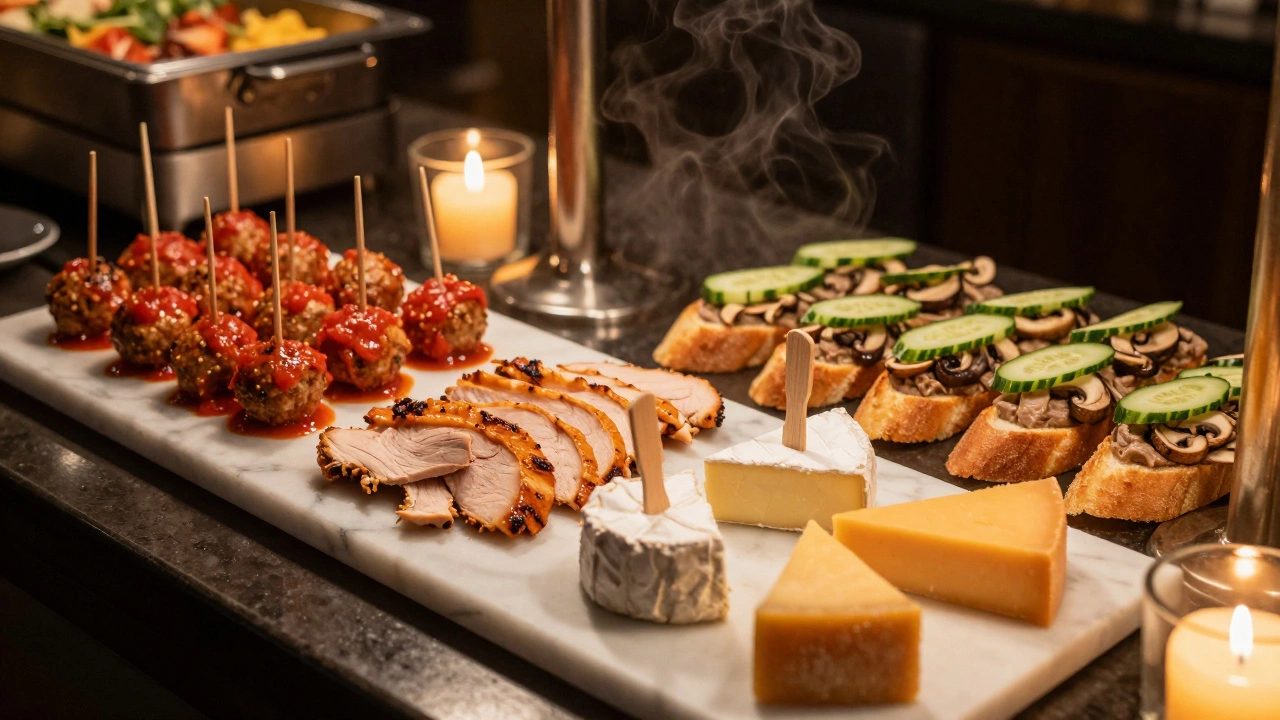 Теплые закуски: фрикадельки, колбаса и сыр на мраморной доске с багетами