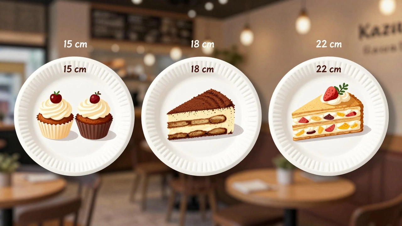 Три бумажные тарелки разных размеров с разными десертами: мини-кексы, тирамису и слоёный торт.