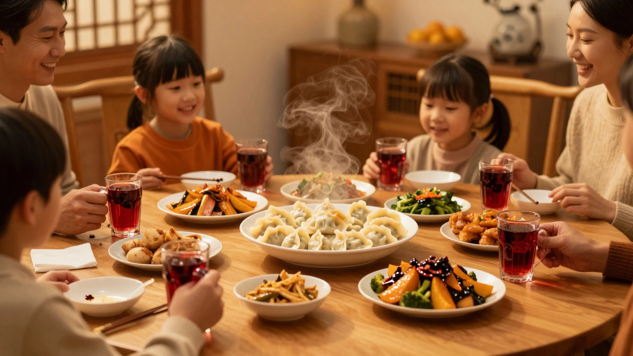 Уютный семейный ужин с горячими блюдами и фруктами в красных тонах