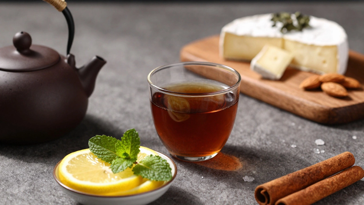 Чай пуэр с лимоном, мятой и палочками корицы на столе