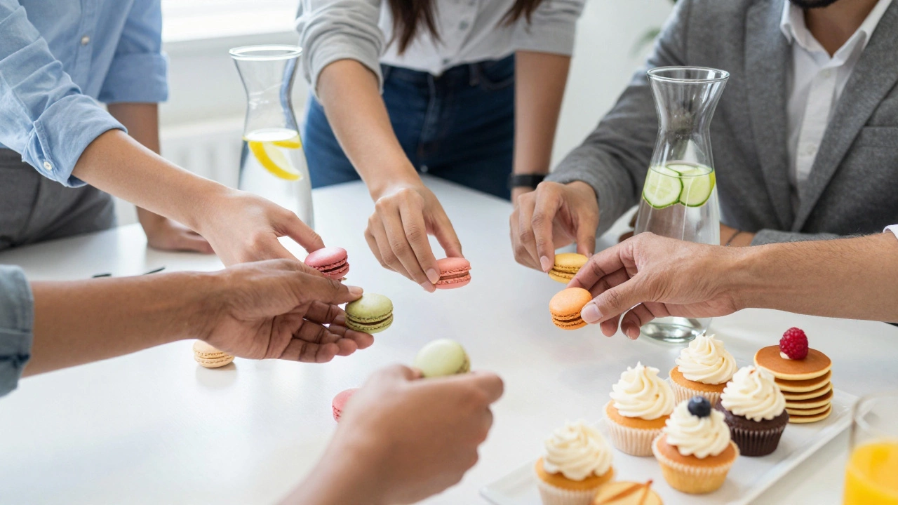Коллеги выбирают порционные десерты: макаронс, капкейки и детокс-вода
