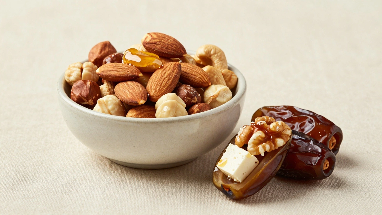 Миска с орехами в меду и финиками, фаршированными сыром и грецким орехом