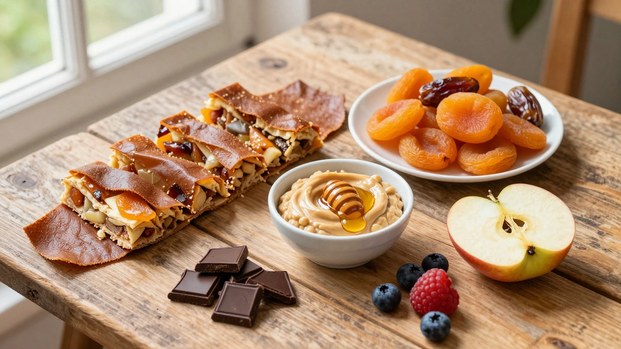 Набор полезных сладостей: пастила, ореховая паста, темный шоколад и сухофрукты