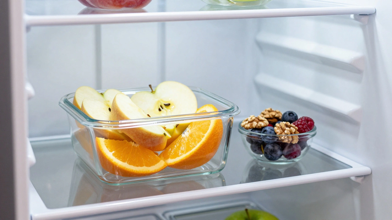 Прозрачный контейнер с нарезанными фруктами и орехами на полке холодильника