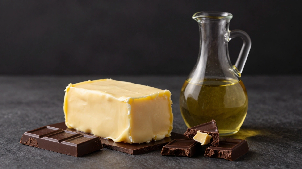Различные виды жиров: сливочное масло, растительное масло и темный шоколад