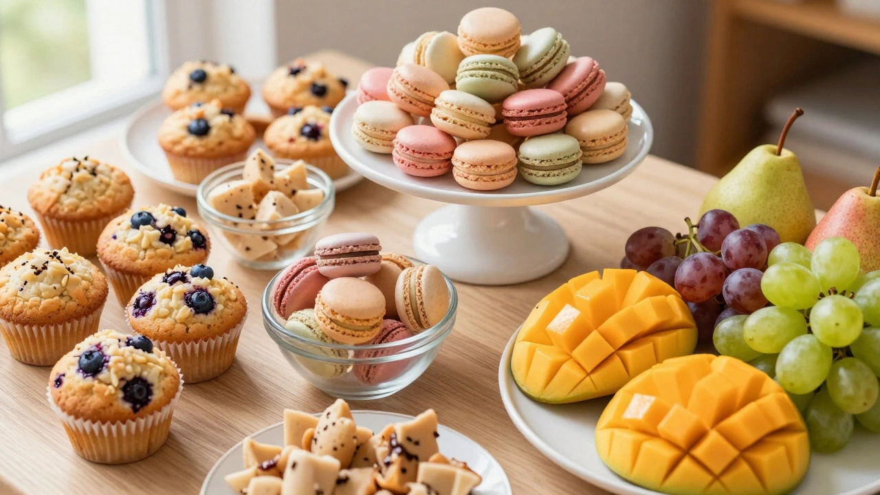 Разнообразие десертов: макаронс, маффины и свежие фрукты