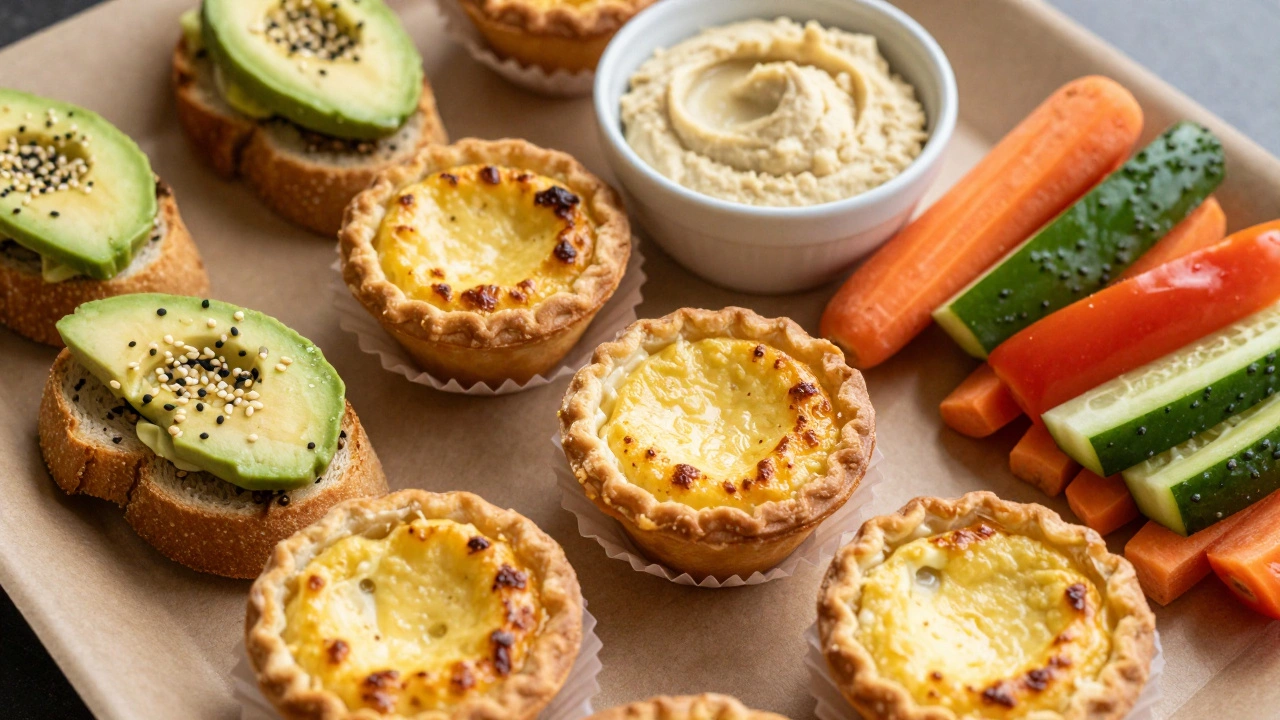 Разнообразные закуски: мини-киши, брускетты с авокадо и овощи с хумусом
