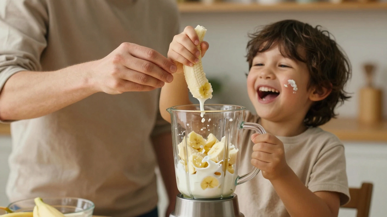 Ребенок и родитель вместе готовят домашнее банановое мороженое