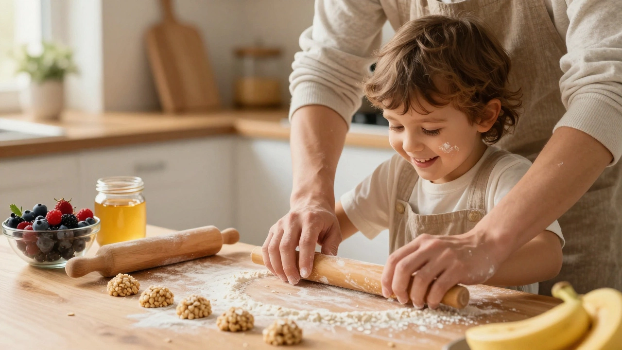 Ребенок и родитель вместе готовят полезное овсяное печенье на кухне