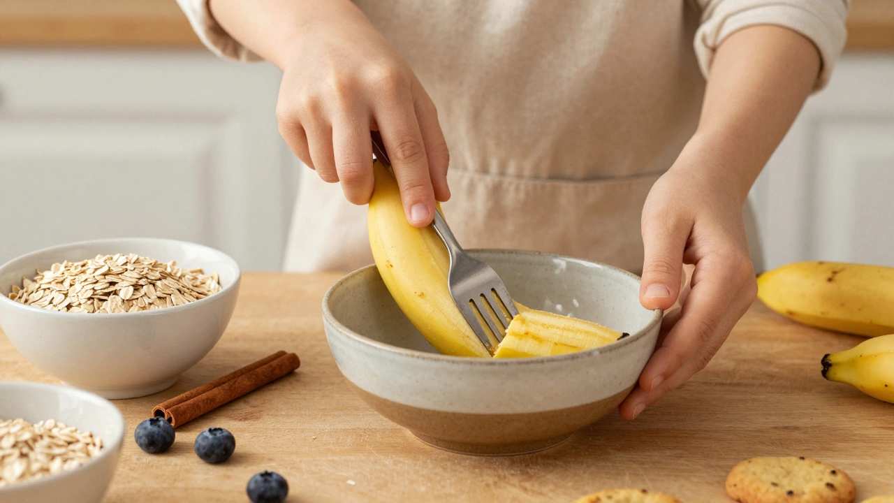 Ребенок и родитель вместе готовят полезное печенье из банана и овсянки
