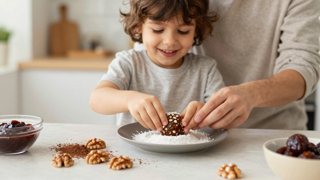 Ребенок и родитель вместе готовят полезные конфеты из фиников и орехов на кухне