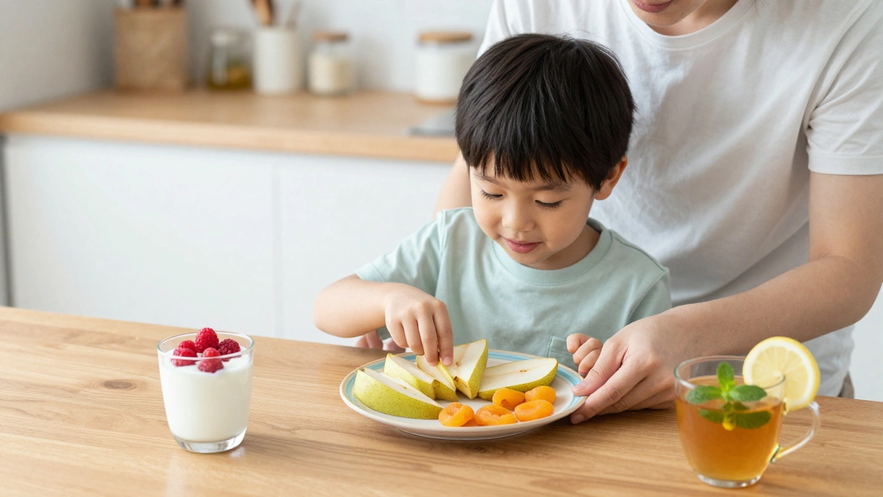 Ребенок и родитель вместе готовят полезный перекус из фруктов, ягод и йогурта
