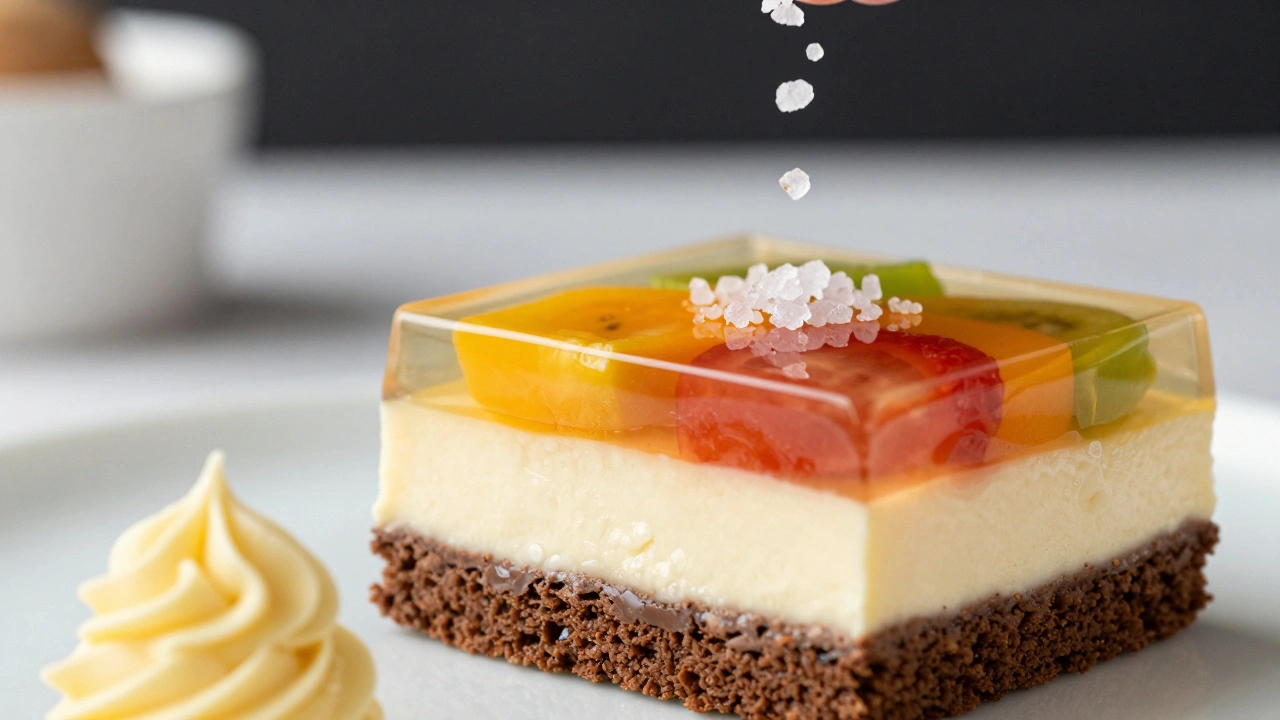 Слои десерта с муссом, глазурью и кремом с крупинками соли