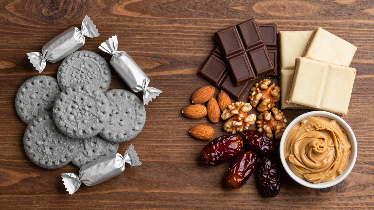 Сравнение магазинных сладостей и натуральных продуктов: орехи, финики и темный шоколад