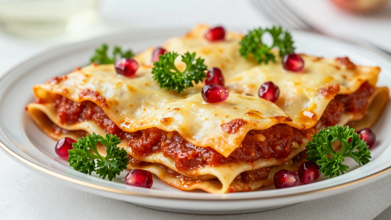 Ближний план слоистой лазаньи с красным соусом как символ богатства